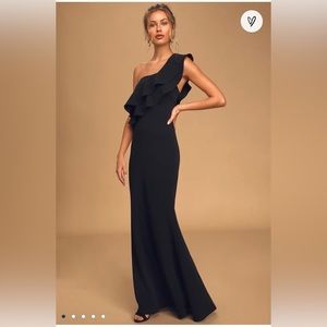 Lulus Grand Beauty Black Ruffled One-Shoulder Mermaid Maxi Dress (Size S)